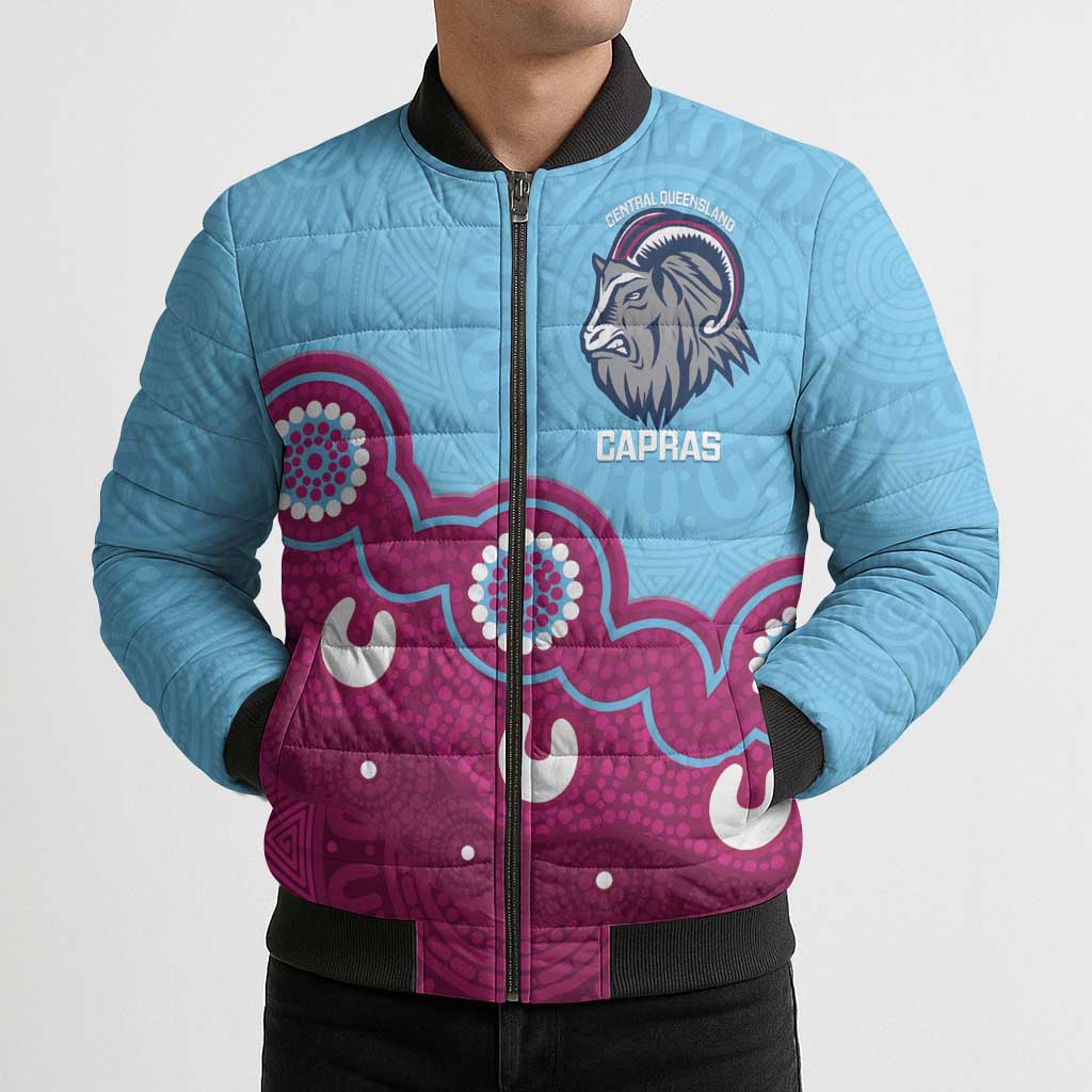 Central Queensland Rugby Custom Bomber Puffer Jacket Go Capras Aboriginal Art - Aussie Hoodie