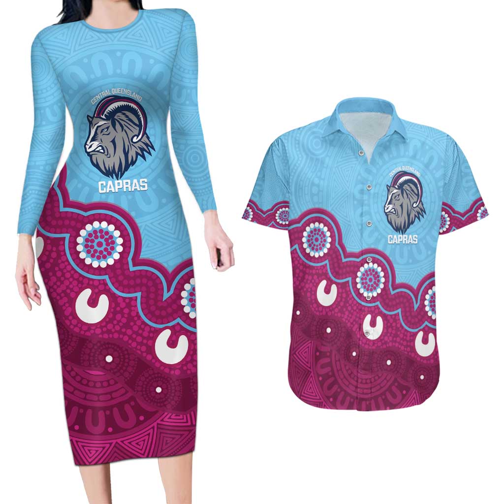 Central Queensland Rugby Custom Couples Matching Long Sleeve Bodycon Dress and Hawaiian Shirt Go Capras Aboriginal Art - Aussie Hoodie