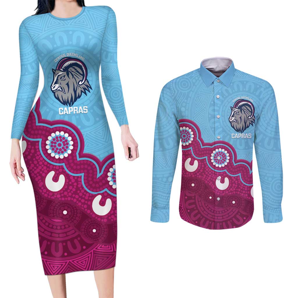 Central Queensland Rugby Custom Couples Matching Long Sleeve Bodycon Dress and Long Sleeve Button Shirt Go Capras Aboriginal Art - Aussie Hoodie