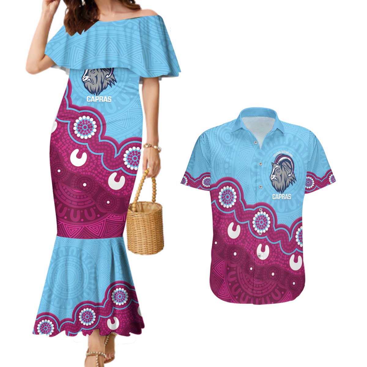 Central Queensland Rugby Custom Couples Matching Mermaid Dress and Hawaiian Shirt Go Capras Aboriginal Art - Aussie Hoodie
