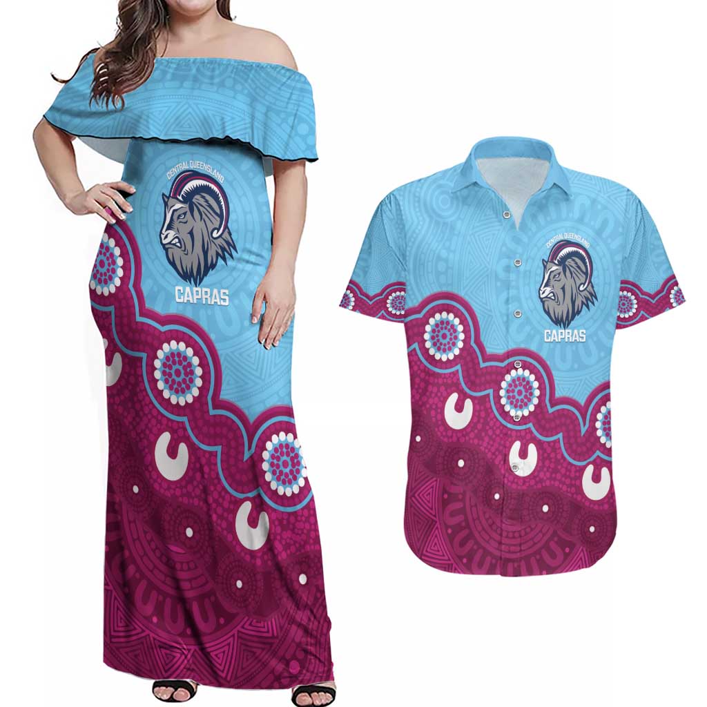 Central Queensland Rugby Custom Couples Matching Off Shoulder Maxi Dress and Hawaiian Shirt Go Capras Aboriginal Art - Aussie Hoodie