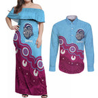 Central Queensland Rugby Custom Couples Matching Off Shoulder Maxi Dress and Long Sleeve Button Shirt Go Capras Aboriginal Art - Aussie Hoodie