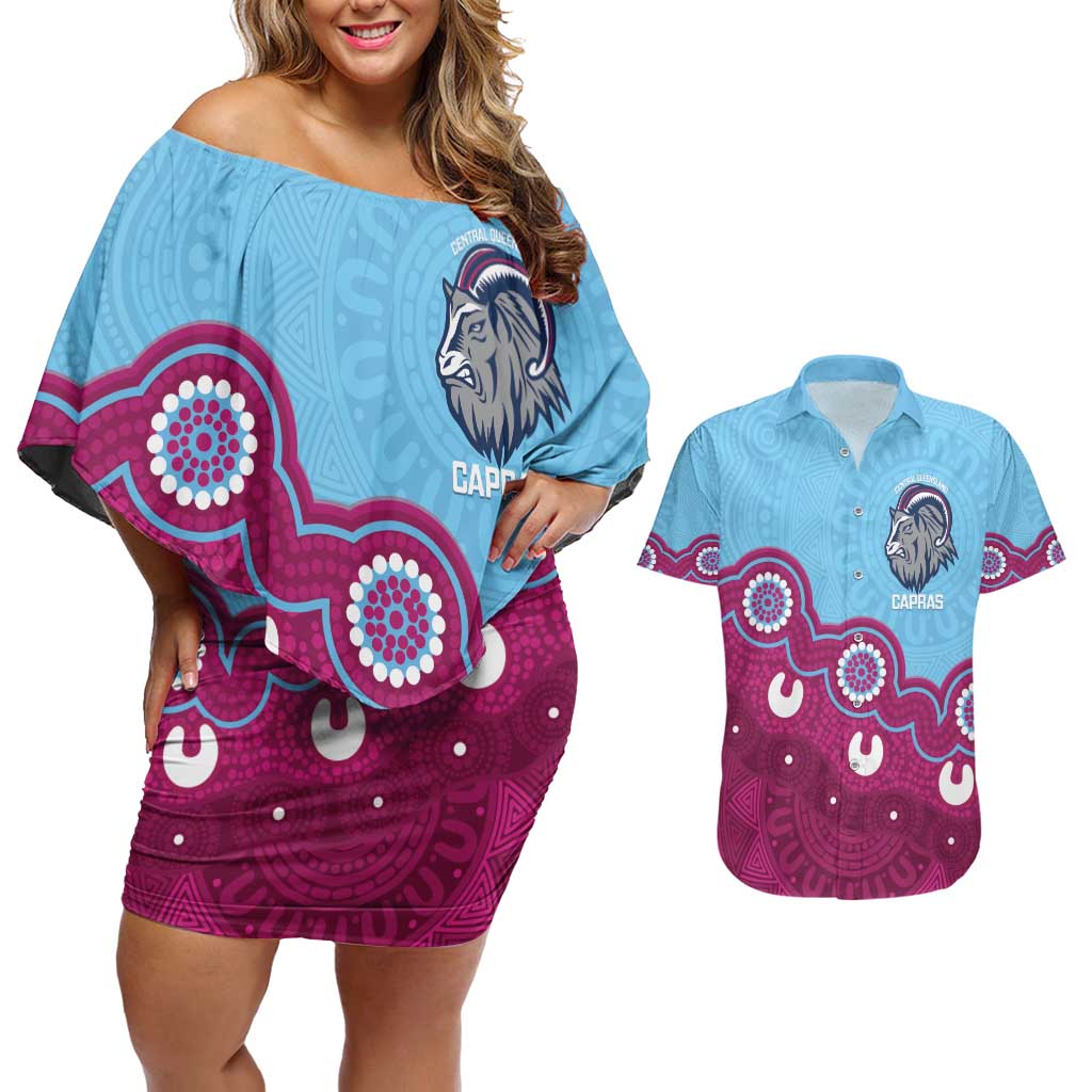 Central Queensland Rugby Custom Couples Matching Off Shoulder Short Dress and Hawaiian Shirt Go Capras Aboriginal Art - Aussie Hoodie