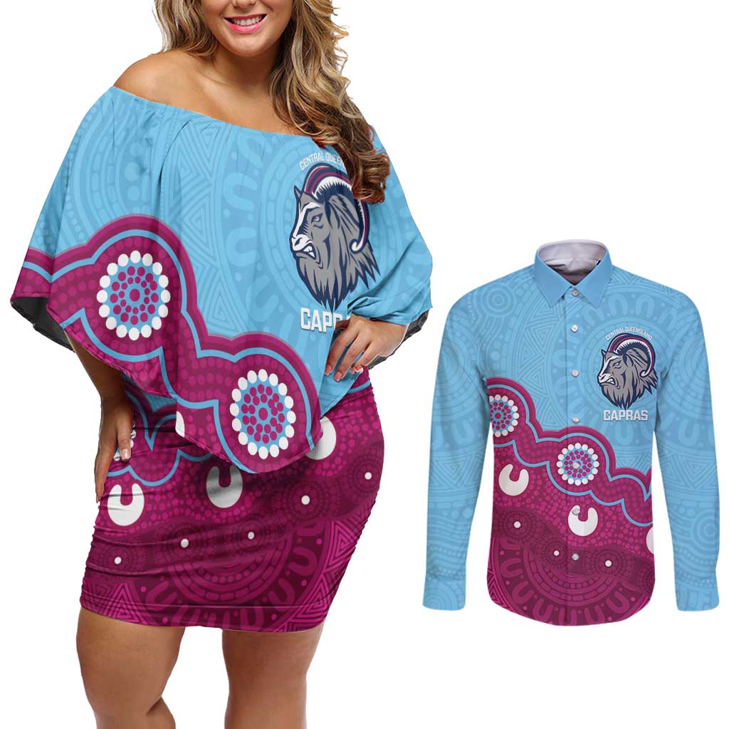 Central Queensland Rugby Custom Couples Matching Off Shoulder Short Dress and Long Sleeve Button Shirt Go Capras Aboriginal Art - Aussie Hoodie