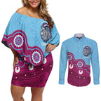 Central Queensland Rugby Custom Couples Matching Off Shoulder Short Dress and Long Sleeve Button Shirt Go Capras Aboriginal Art - Aussie Hoodie