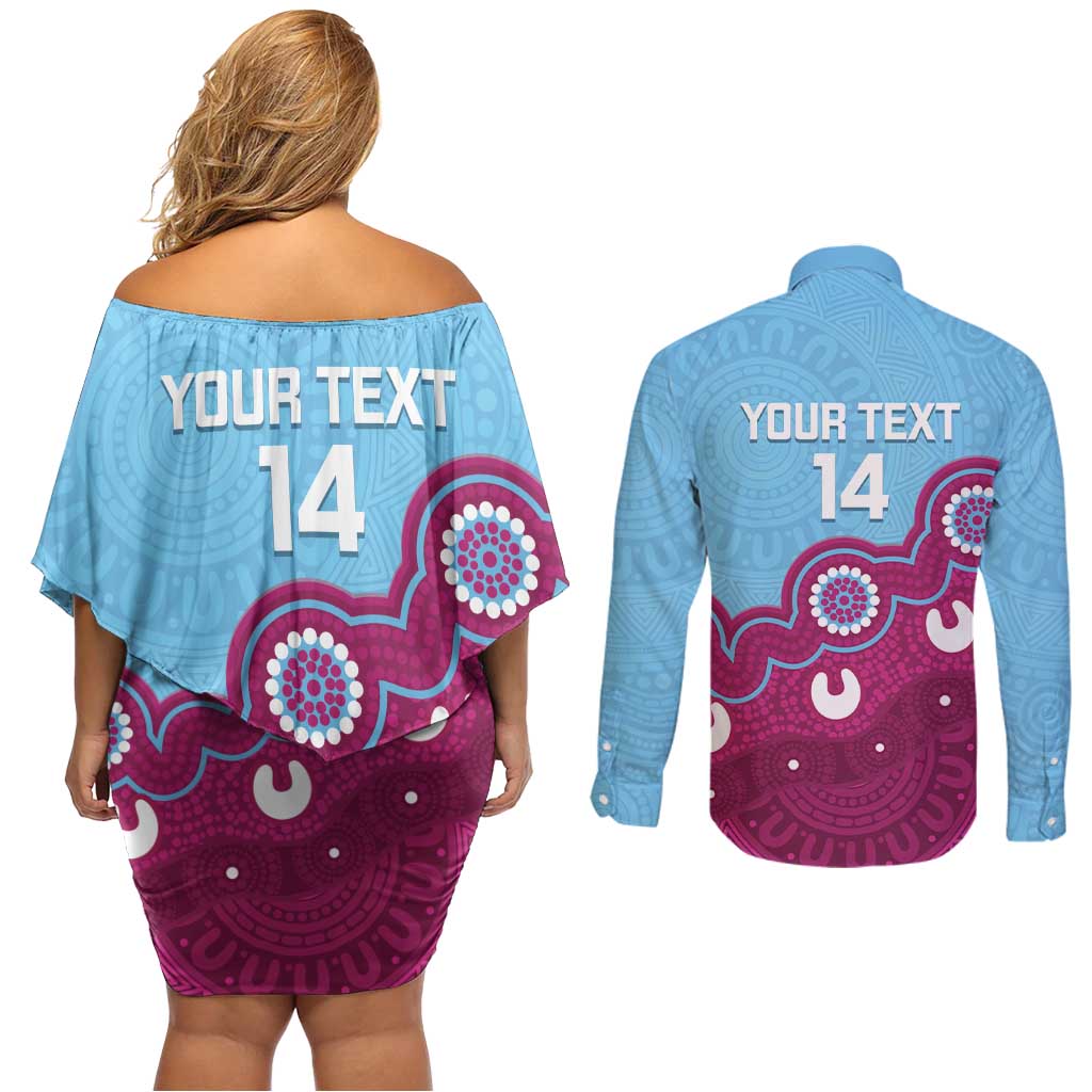 Central Queensland Rugby Custom Couples Matching Off Shoulder Short Dress and Long Sleeve Button Shirt Go Capras Aboriginal Art - Aussie Hoodie