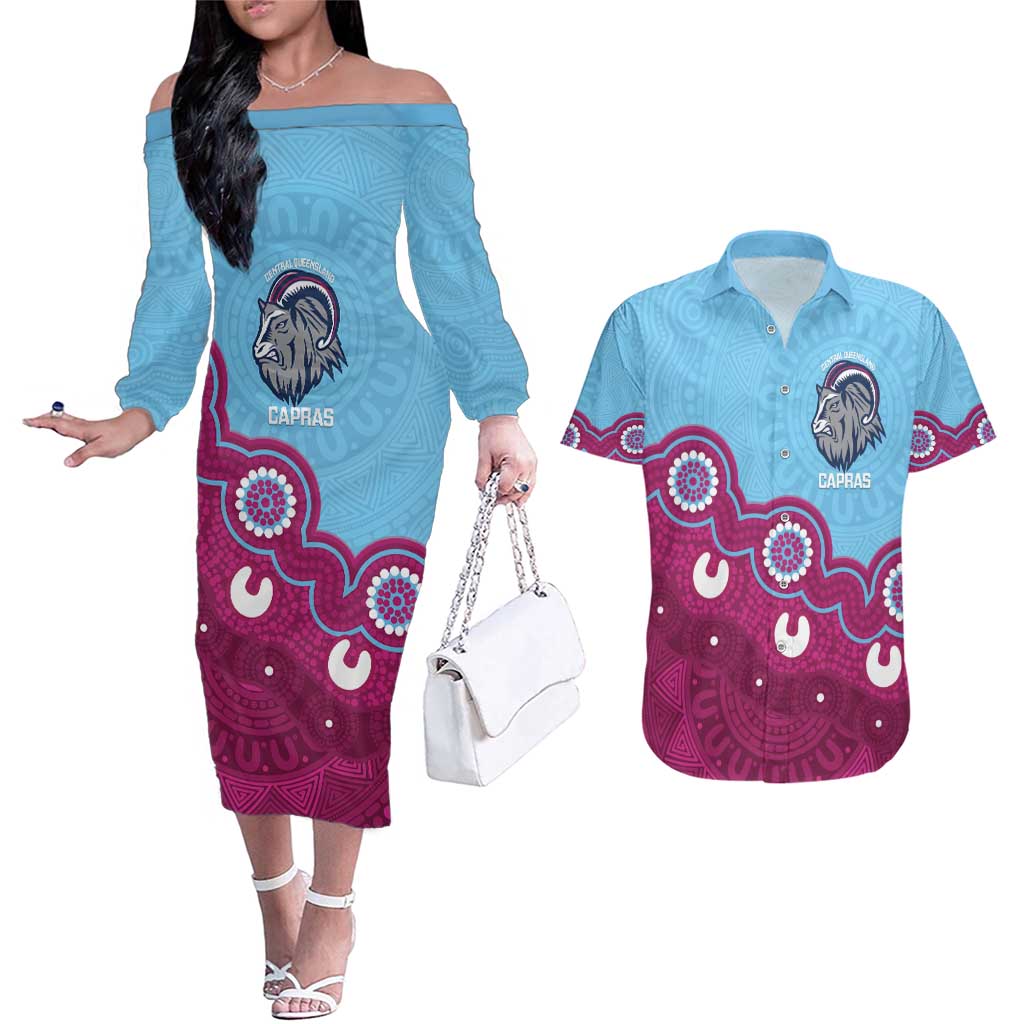 Central Queensland Rugby Custom Couples Matching Off The Shoulder Long Sleeve Dress and Hawaiian Shirt Go Capras Aboriginal Art - Aussie Hoodie