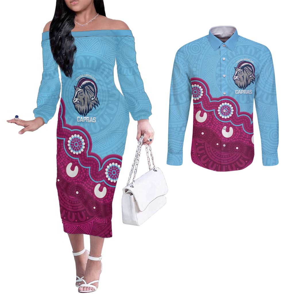 Central Queensland Rugby Custom Couples Matching Off The Shoulder Long Sleeve Dress and Long Sleeve Button Shirt Go Capras Aboriginal Art - Aussie Hoodie