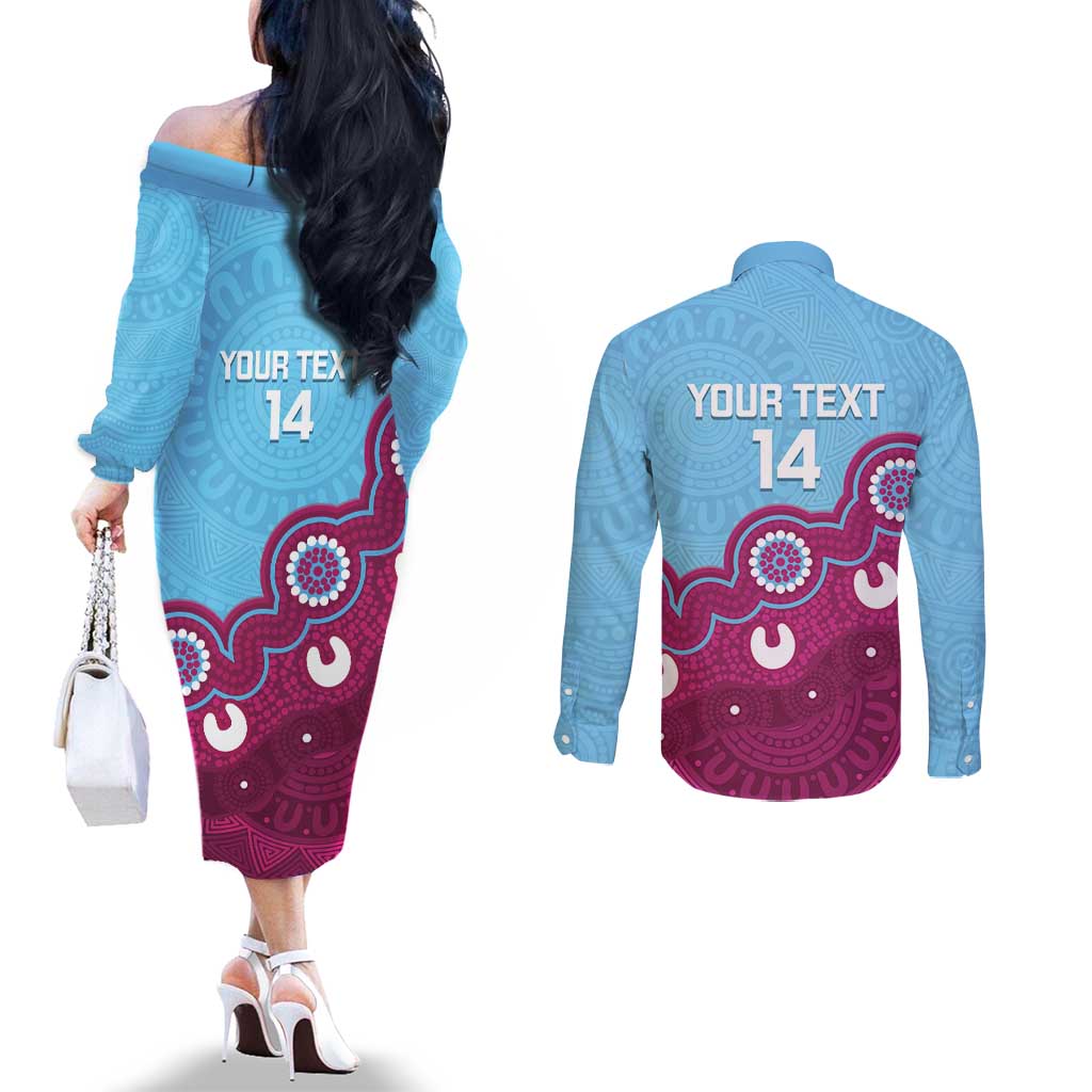 Central Queensland Rugby Custom Couples Matching Off The Shoulder Long Sleeve Dress and Long Sleeve Button Shirt Go Capras Aboriginal Art - Aussie Hoodie