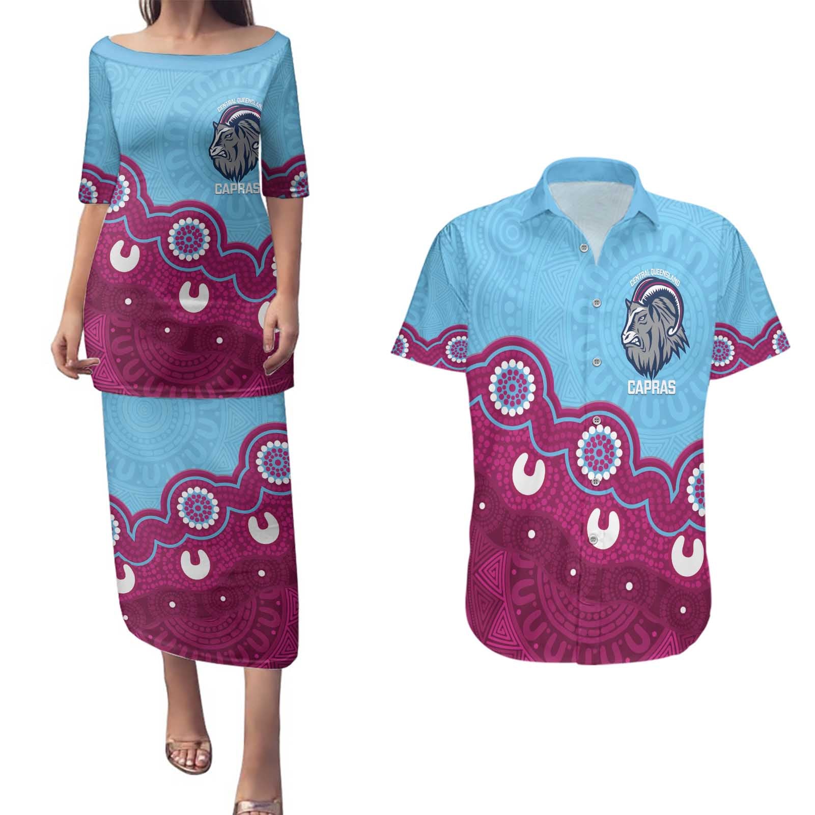 Central Queensland Rugby Custom Couples Matching Puletasi and Hawaiian Shirt Go Capras Aboriginal Art - Aussie Hoodie