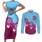 Central Queensland Rugby Custom Couples Matching Short Sleeve Bodycon Dress and Long Sleeve Button Shirt Go Capras Aboriginal Art - Aussie Hoodie