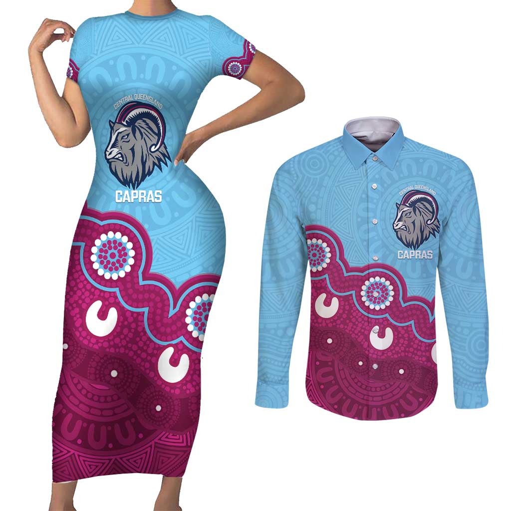 Central Queensland Rugby Custom Couples Matching Short Sleeve Bodycon Dress and Long Sleeve Button Shirt Go Capras Aboriginal Art - Aussie Hoodie