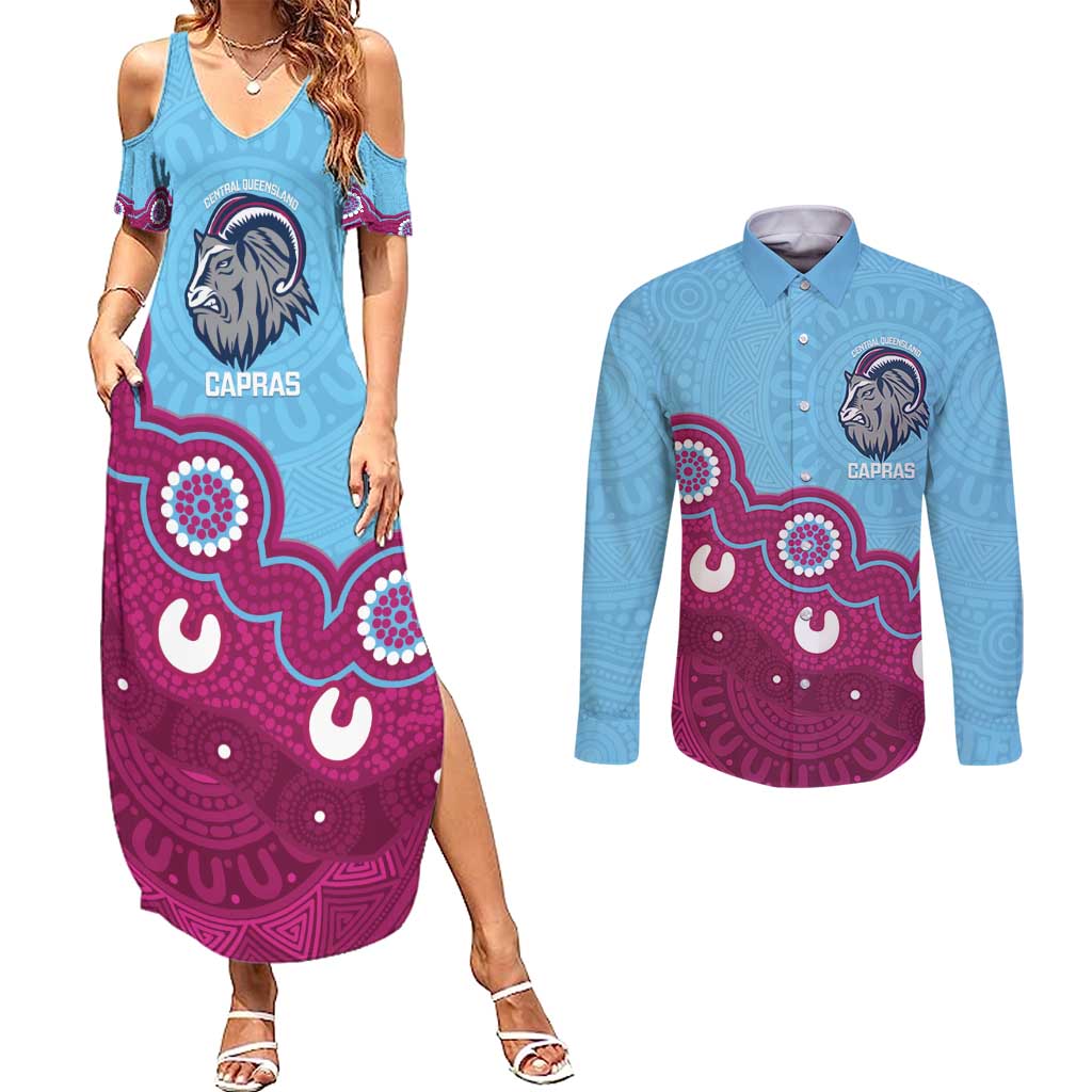 Central Queensland Rugby Custom Couples Matching Summer Maxi Dress and Long Sleeve Button Shirt Go Capras Aboriginal Art - Aussie Hoodie