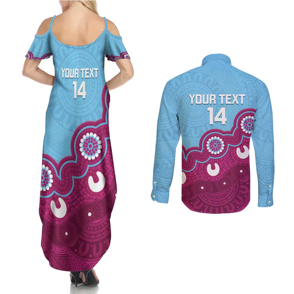 Central Queensland Rugby Custom Couples Matching Summer Maxi Dress and Long Sleeve Button Shirt Go Capras Aboriginal Art - Aussie Hoodie