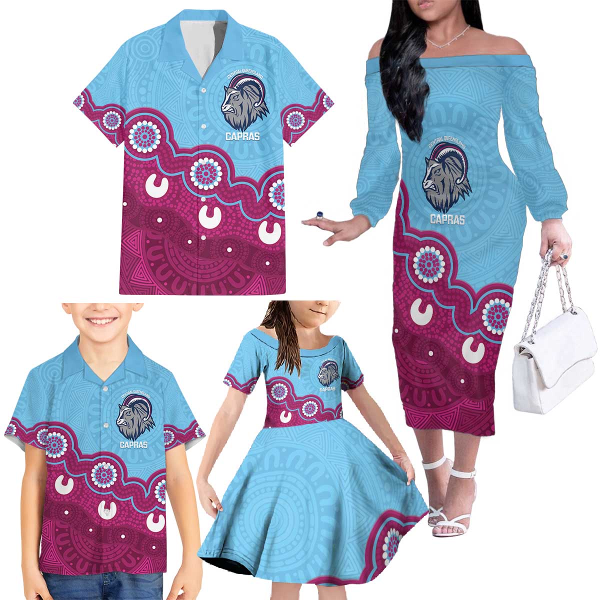 Central Queensland Rugby Custom Family Matching Off The Shoulder Long Sleeve Dress and Hawaiian Shirt Go Capras Aboriginal Art - Aussie Hoodie