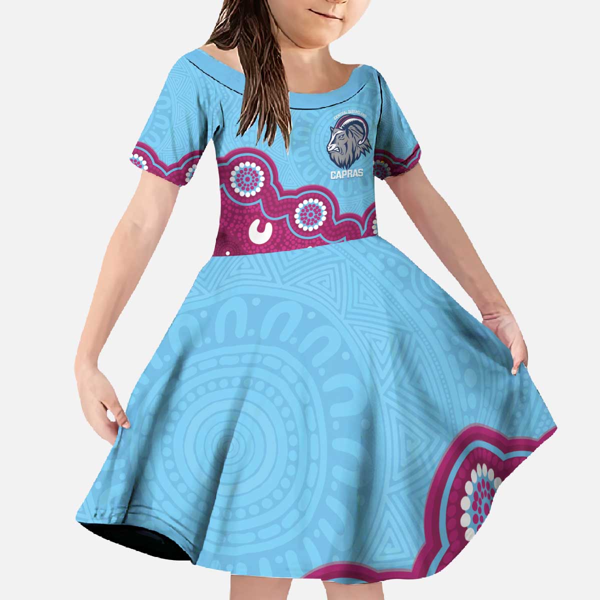 Central Queensland Rugby Custom Family Matching Off The Shoulder Long Sleeve Dress and Hawaiian Shirt Go Capras Aboriginal Art - Aussie Hoodie
