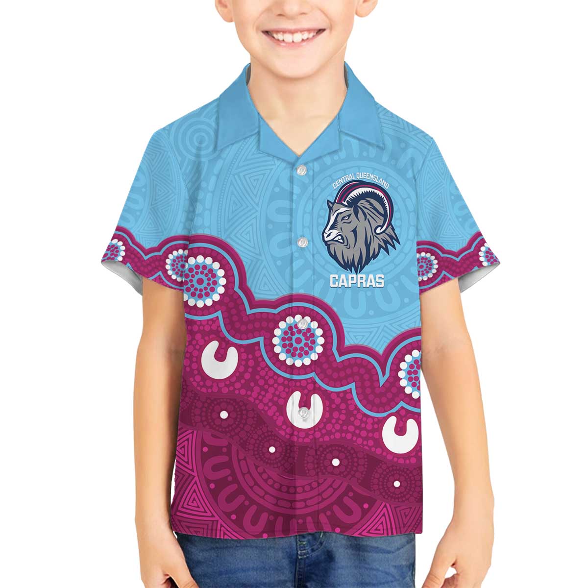 Central Queensland Rugby Custom Family Matching Off The Shoulder Long Sleeve Dress and Hawaiian Shirt Go Capras Aboriginal Art - Aussie Hoodie