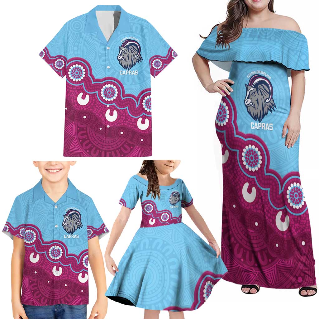 Central Queensland Rugby Custom Family Matching Off Shoulder Maxi Dress and Hawaiian Shirt Go Capras Aboriginal Art - Aussie Hoodie