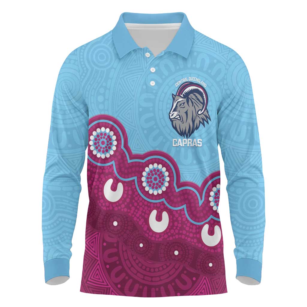 Central Queensland Rugby Custom Long Sleeve Polo Shirt Go Capras Aboriginal Art - Aussie Hoodie