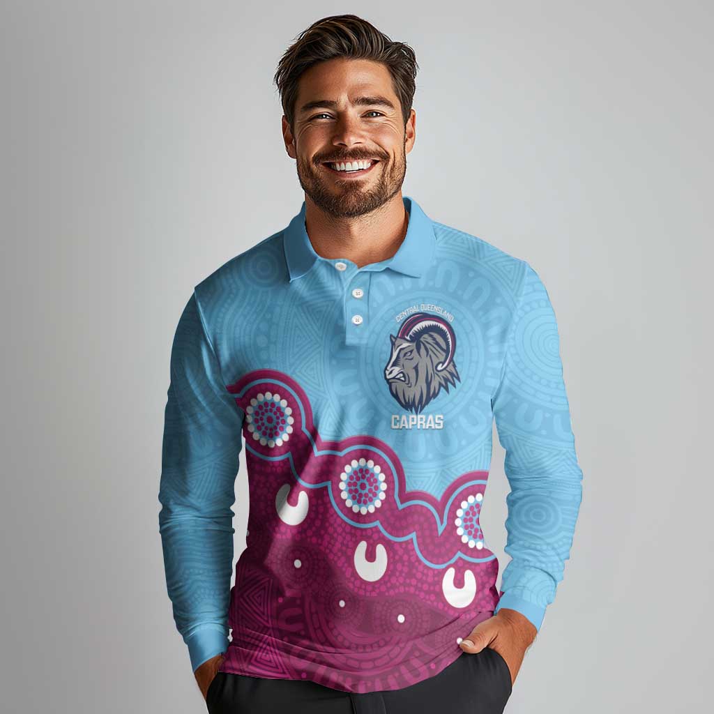 Central Queensland Rugby Custom Long Sleeve Polo Shirt Go Capras Aboriginal Art - Aussie Hoodie