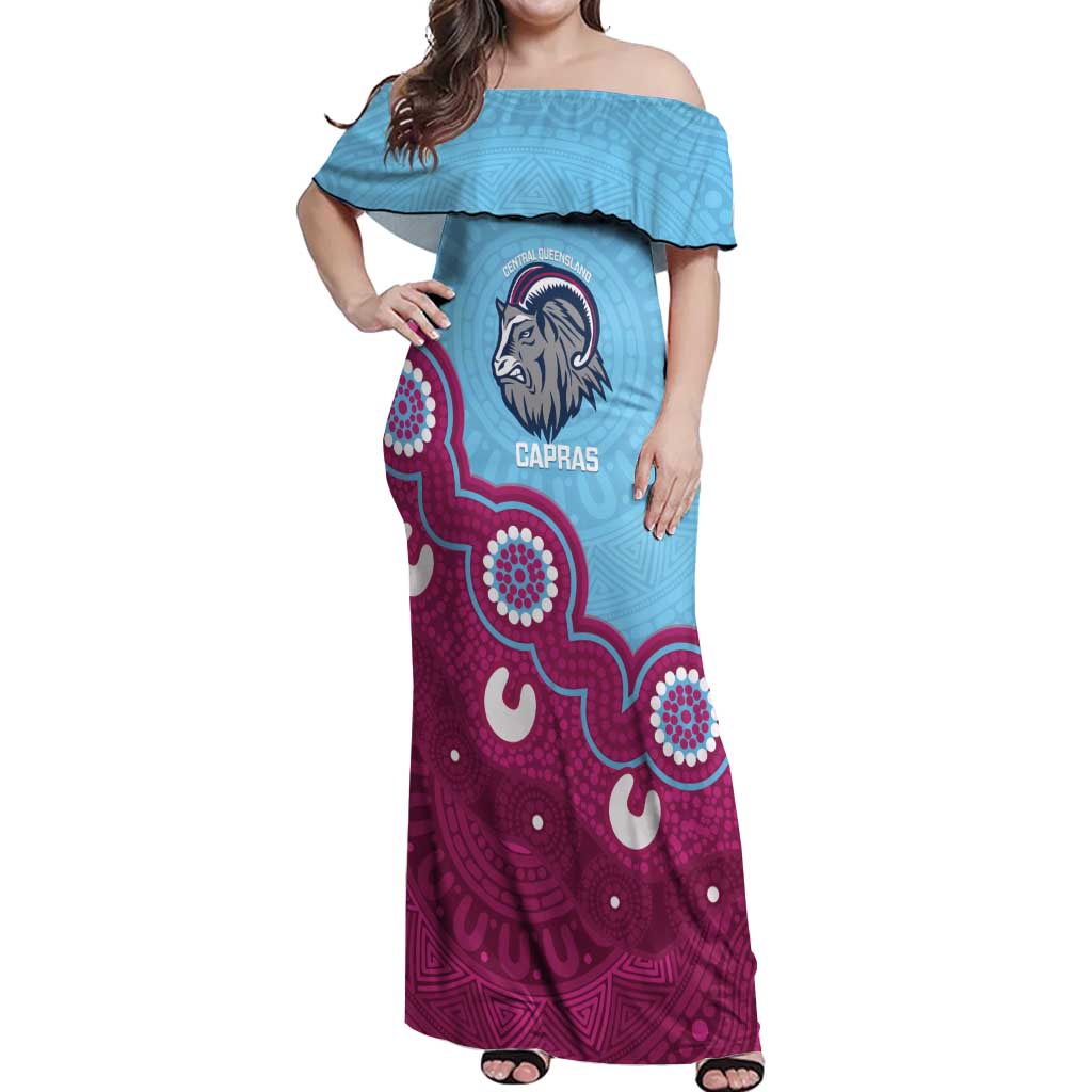 Central Queensland Rugby Custom Off Shoulder Maxi Dress Go Capras Aboriginal Art - Aussie Hoodie