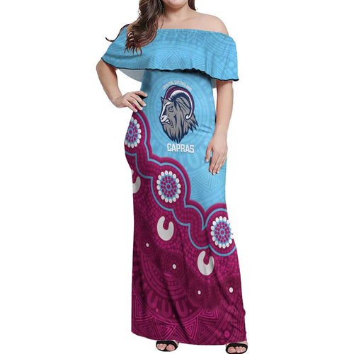 Central Queensland Rugby Custom Off Shoulder Maxi Dress Go Capras Aboriginal Art - Aussie Hoodie