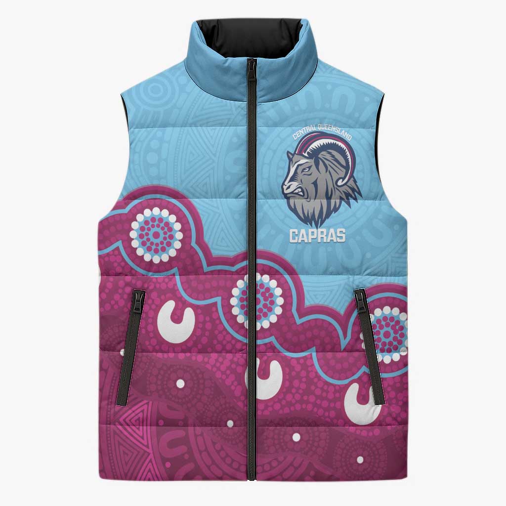 Central Queensland Rugby Custom Sleeveless Puffer Jacket Go Capras Aboriginal Art - Aussie Hoodie