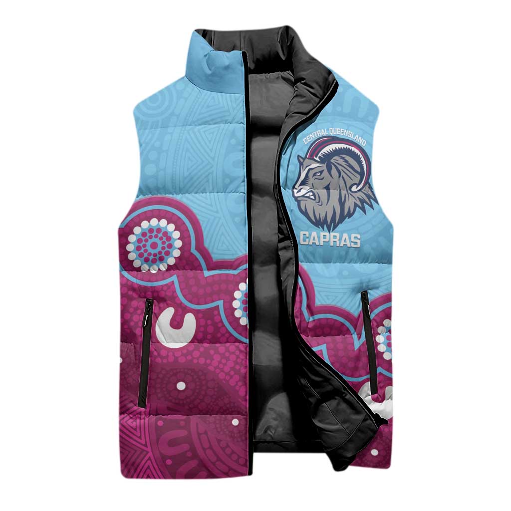 Central Queensland Rugby Custom Sleeveless Puffer Jacket Go Capras Aboriginal Art - Aussie Hoodie