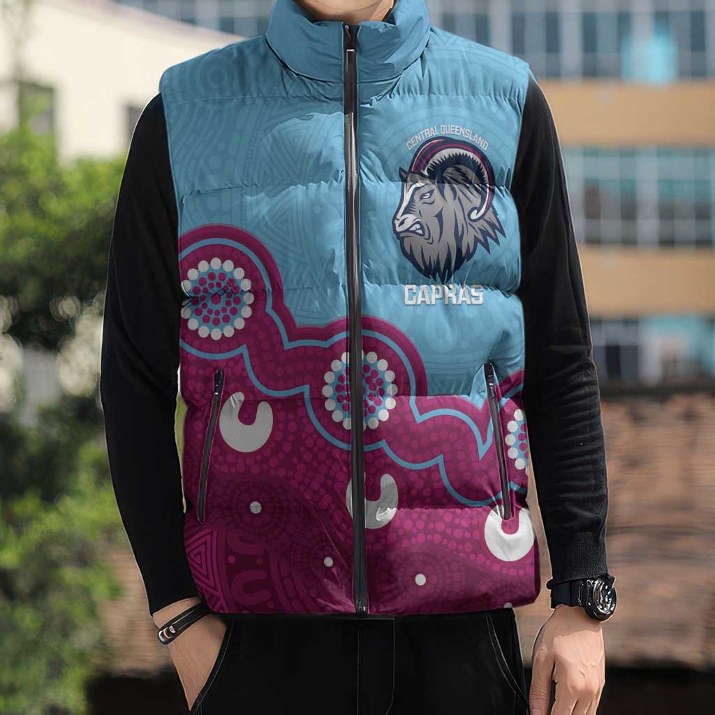 Central Queensland Rugby Custom Sleeveless Puffer Jacket Go Capras Aboriginal Art - Aussie Hoodie