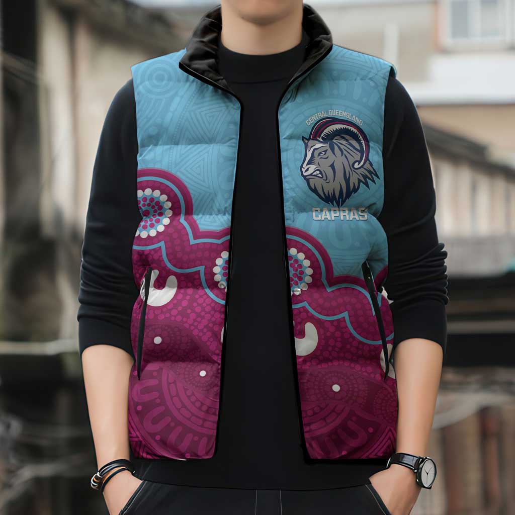 Central Queensland Rugby Custom Sleeveless Puffer Jacket Go Capras Aboriginal Art - Aussie Hoodie