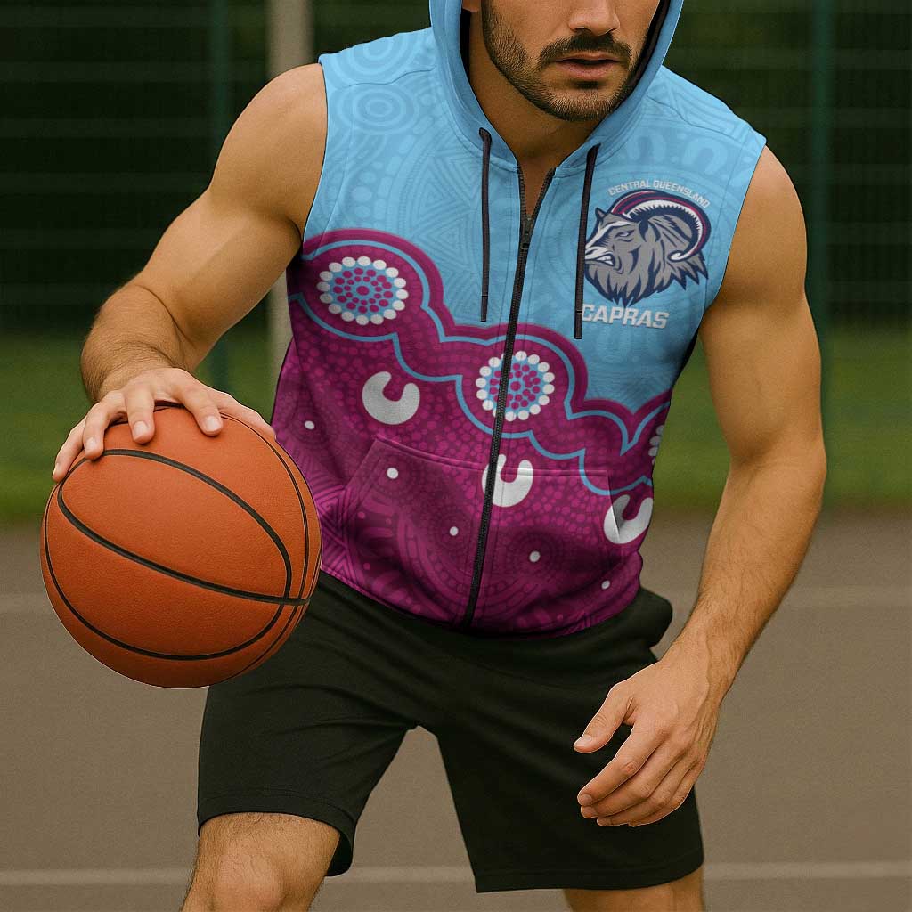 Central Queensland Rugby Custom Sleeveless Zip Hoodie Go Capras Aboriginal Art LT14