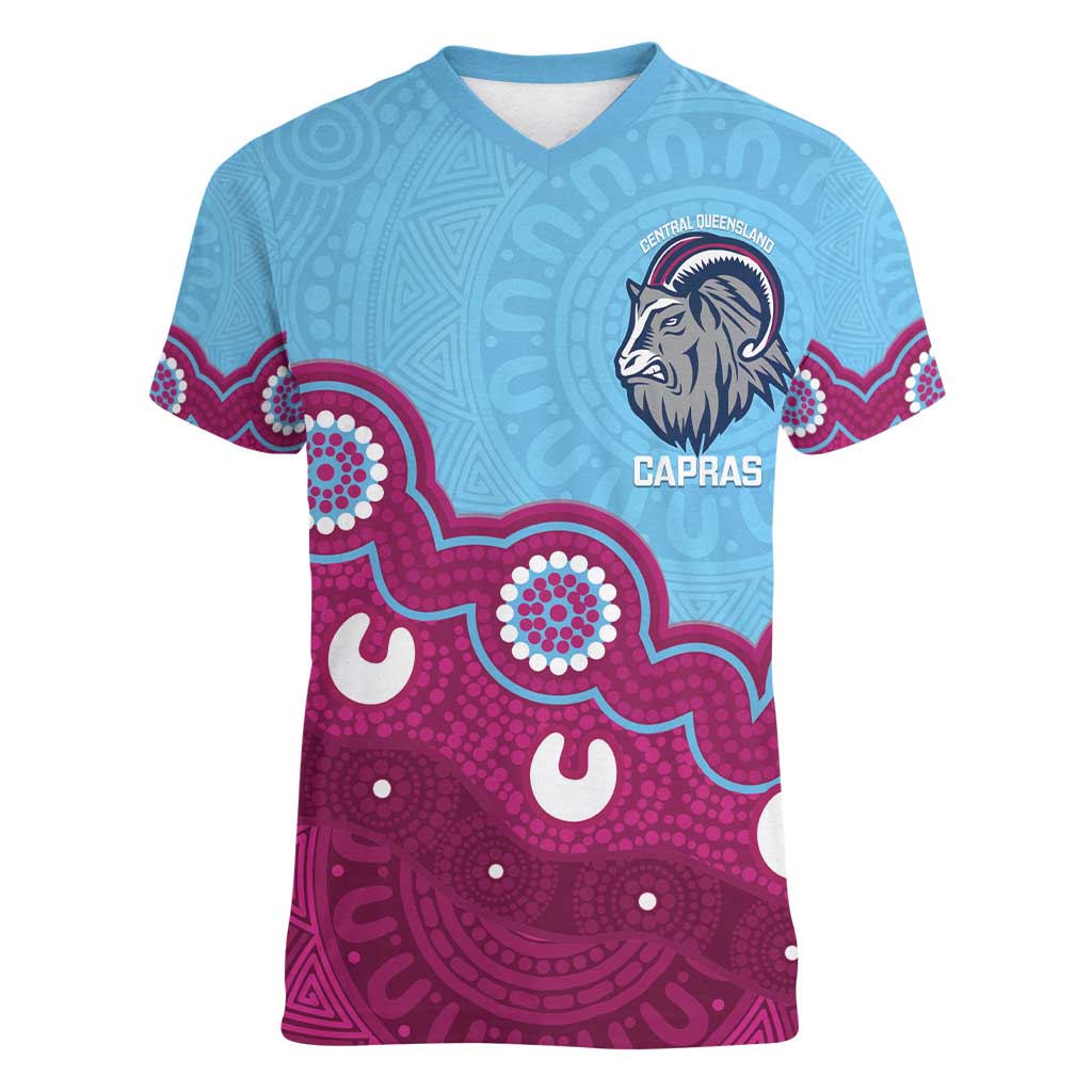 Central Queensland Rugby Custom Women V-Neck T-Shirt Go Capras Aboriginal Art - Aussie Hoodie