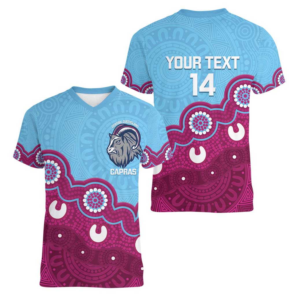 Central Queensland Rugby Custom Women V-Neck T-Shirt Go Capras Aboriginal Art - Aussie Hoodie