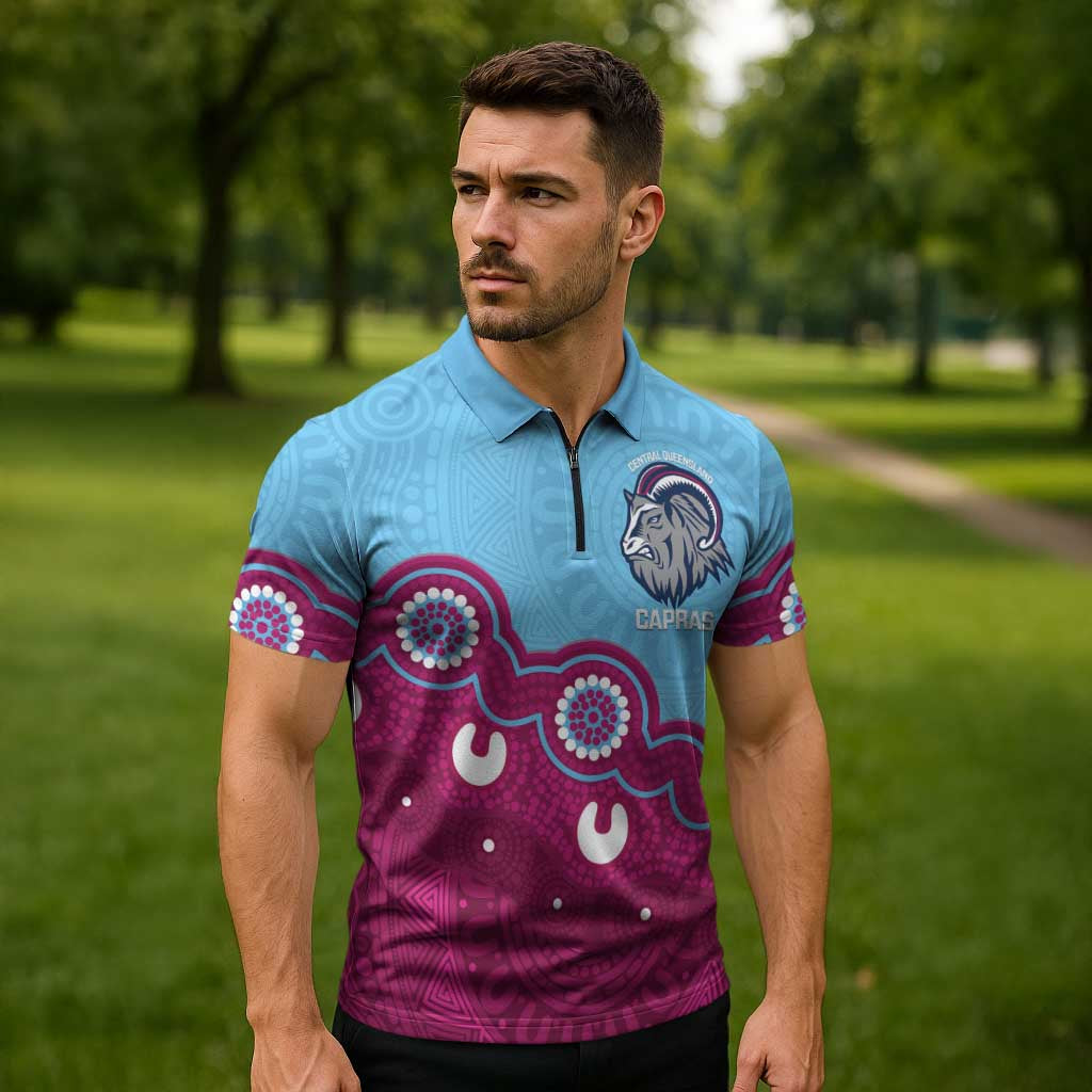 Central Queensland Rugby Custom Zipper Polo Shirt Go Capras Aboriginal Art - Aussie Hoodie