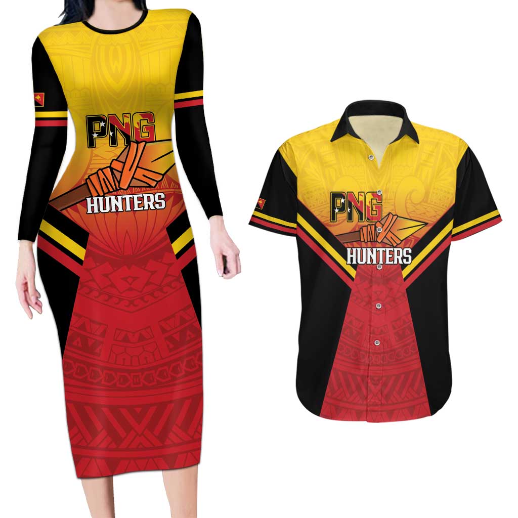 Papua New Guinea Rugby Custom Couples Matching Long Sleeve Bodycon Dress and Hawaiian Shirt Go PNG Hunters Polynesian Pattern - Aussie Hoodie