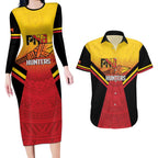 Papua New Guinea Rugby Custom Couples Matching Long Sleeve Bodycon Dress and Hawaiian Shirt Go PNG Hunters Polynesian Pattern - Aussie Hoodie