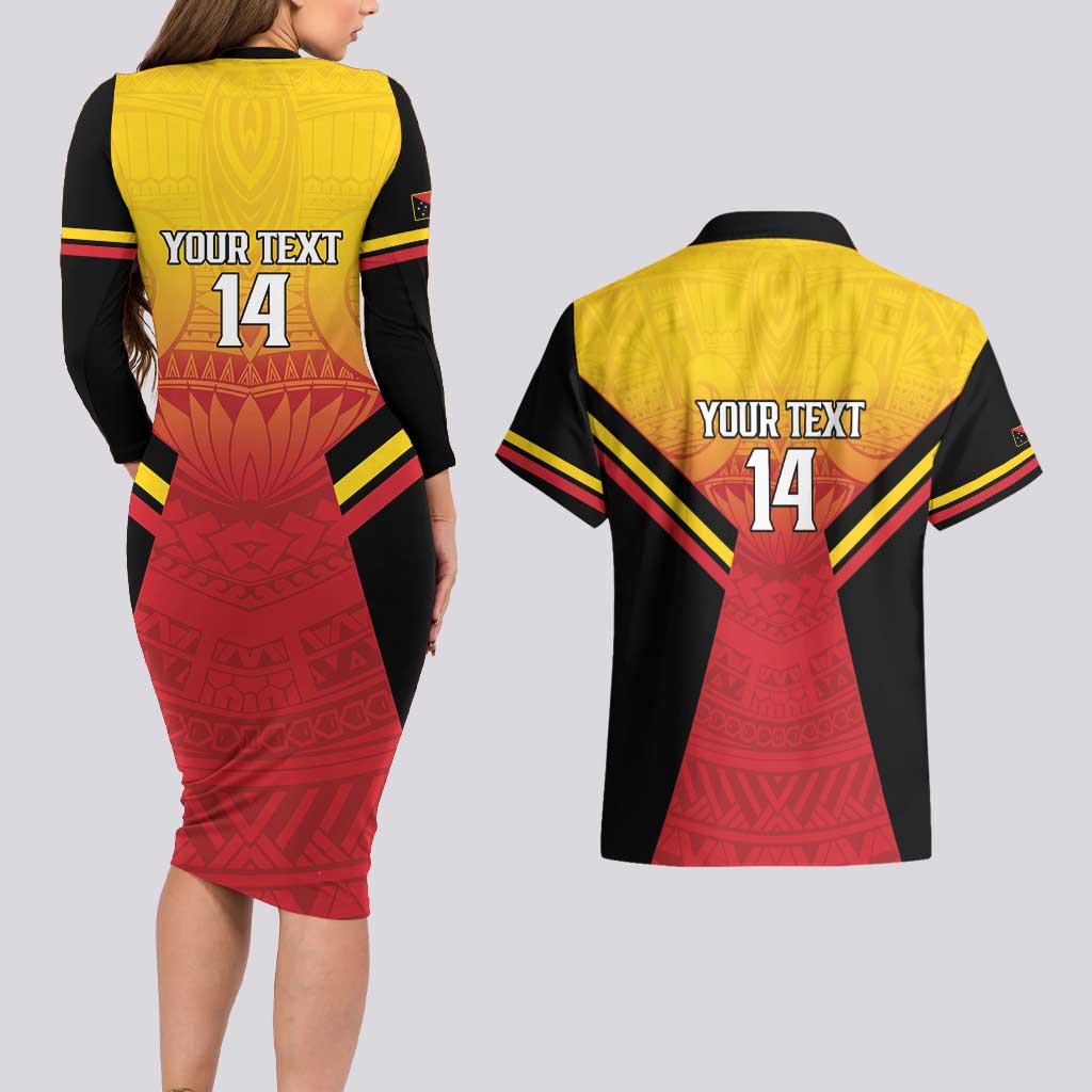 Papua New Guinea Rugby Custom Couples Matching Long Sleeve Bodycon Dress and Hawaiian Shirt Go PNG Hunters Polynesian Pattern - Aussie Hoodie