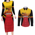 Papua New Guinea Rugby Custom Couples Matching Long Sleeve Bodycon Dress and Long Sleeve Button Shirt Go PNG Hunters Polynesian Pattern - Aussie Hoodie