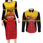 Papua New Guinea Rugby Custom Couples Matching Long Sleeve Bodycon Dress and Long Sleeve Button Shirt Go PNG Hunters Polynesian Pattern - Aussie Hoodie