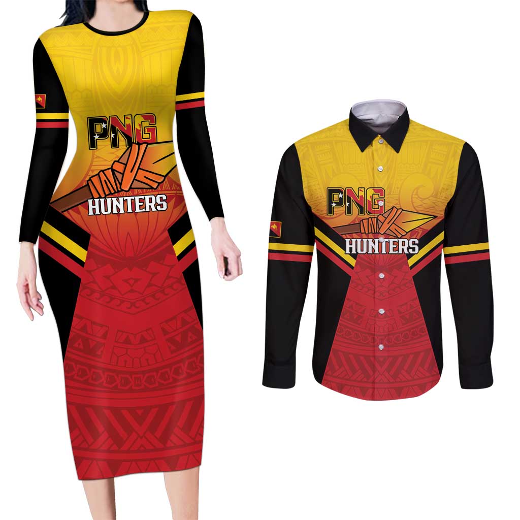 Papua New Guinea Rugby Custom Couples Matching Long Sleeve Bodycon Dress and Long Sleeve Button Shirt Go PNG Hunters Polynesian Pattern - Aussie Hoodie