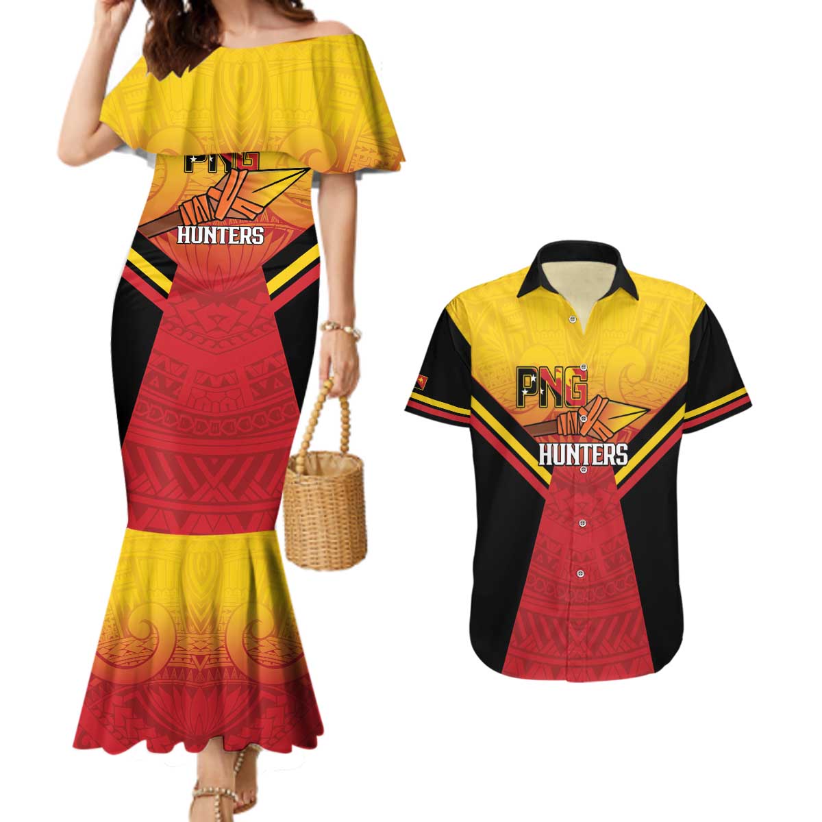 Papua New Guinea Rugby Custom Couples Matching Mermaid Dress and Hawaiian Shirt Go PNG Hunters Polynesian Pattern - Aussie Hoodie