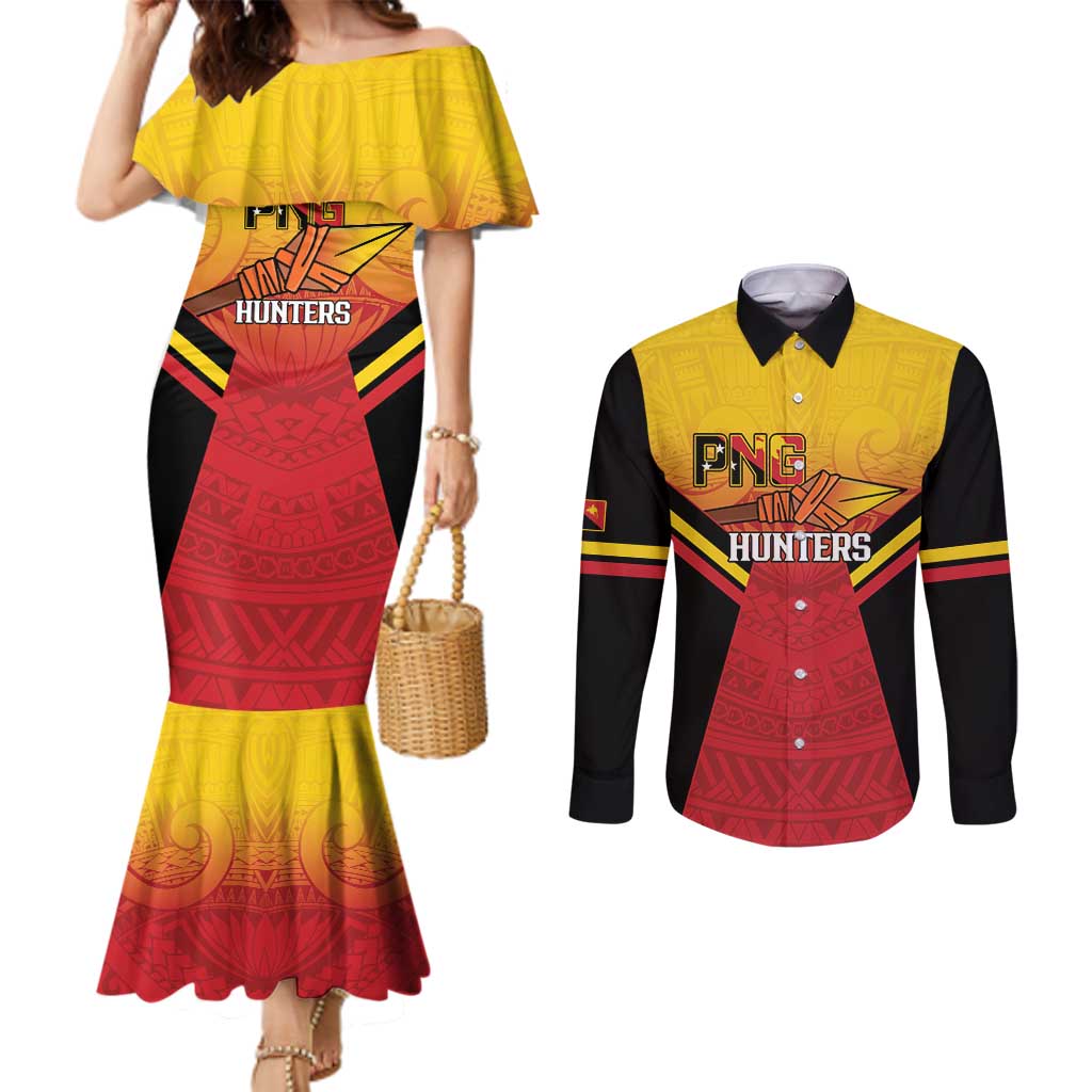 Papua New Guinea Rugby Custom Couples Matching Mermaid Dress and Long Sleeve Button Shirt Go PNG Hunters Polynesian Pattern - Aussie Hoodie