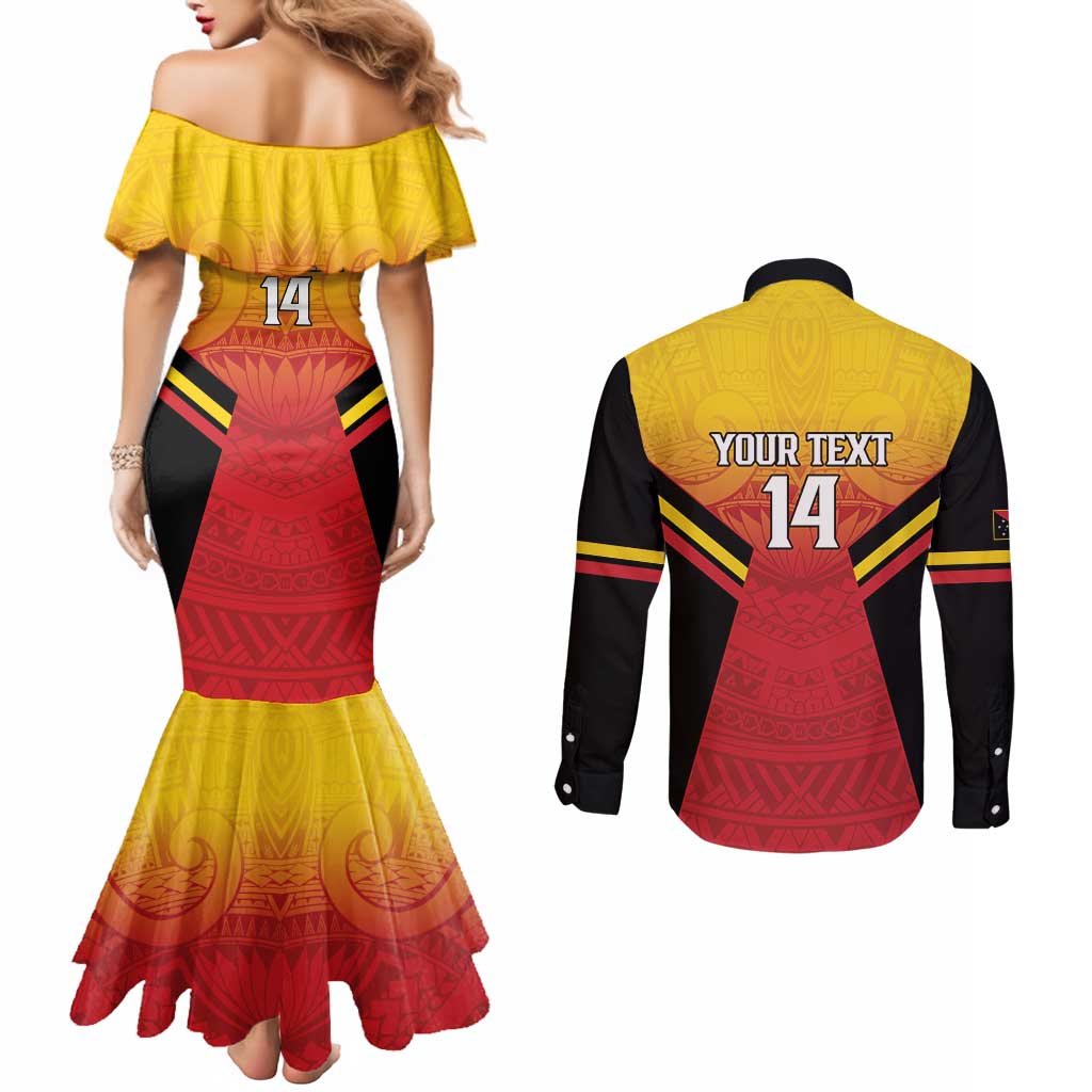 Papua New Guinea Rugby Custom Couples Matching Mermaid Dress and Long Sleeve Button Shirt Go PNG Hunters Polynesian Pattern - Aussie Hoodie