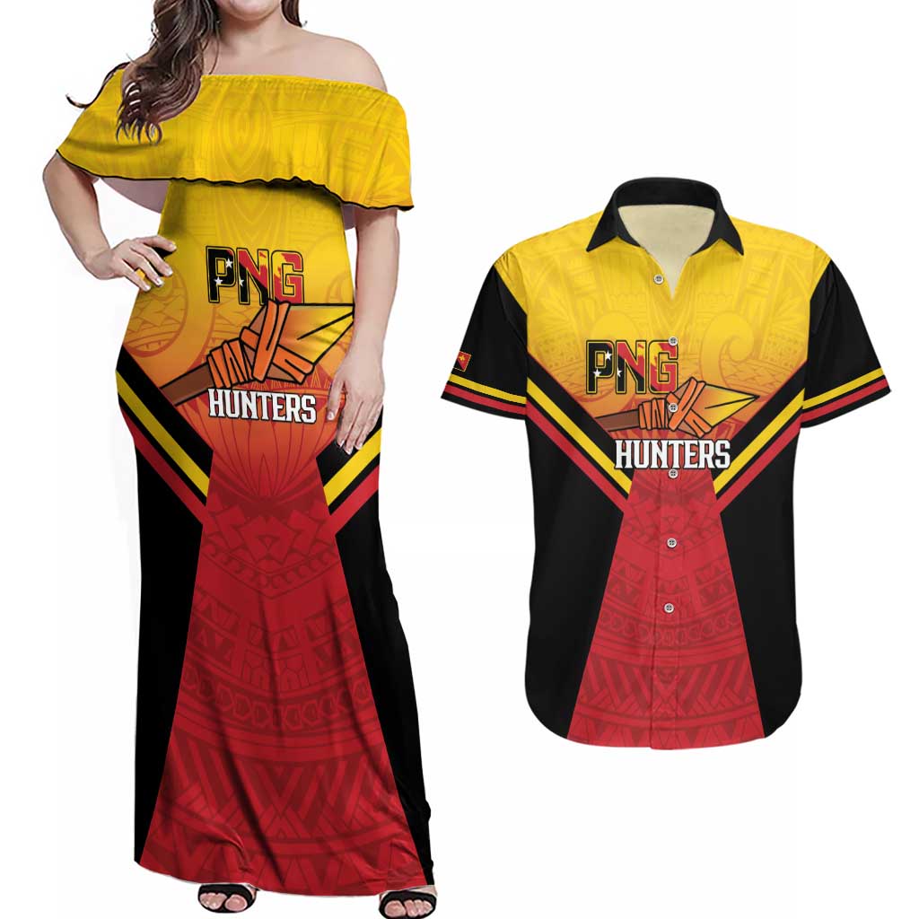 Papua New Guinea Rugby Custom Couples Matching Off Shoulder Maxi Dress and Hawaiian Shirt Go PNG Hunters Polynesian Pattern - Aussie Hoodie