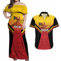 Papua New Guinea Rugby Custom Couples Matching Off Shoulder Maxi Dress and Hawaiian Shirt Go PNG Hunters Polynesian Pattern - Aussie Hoodie