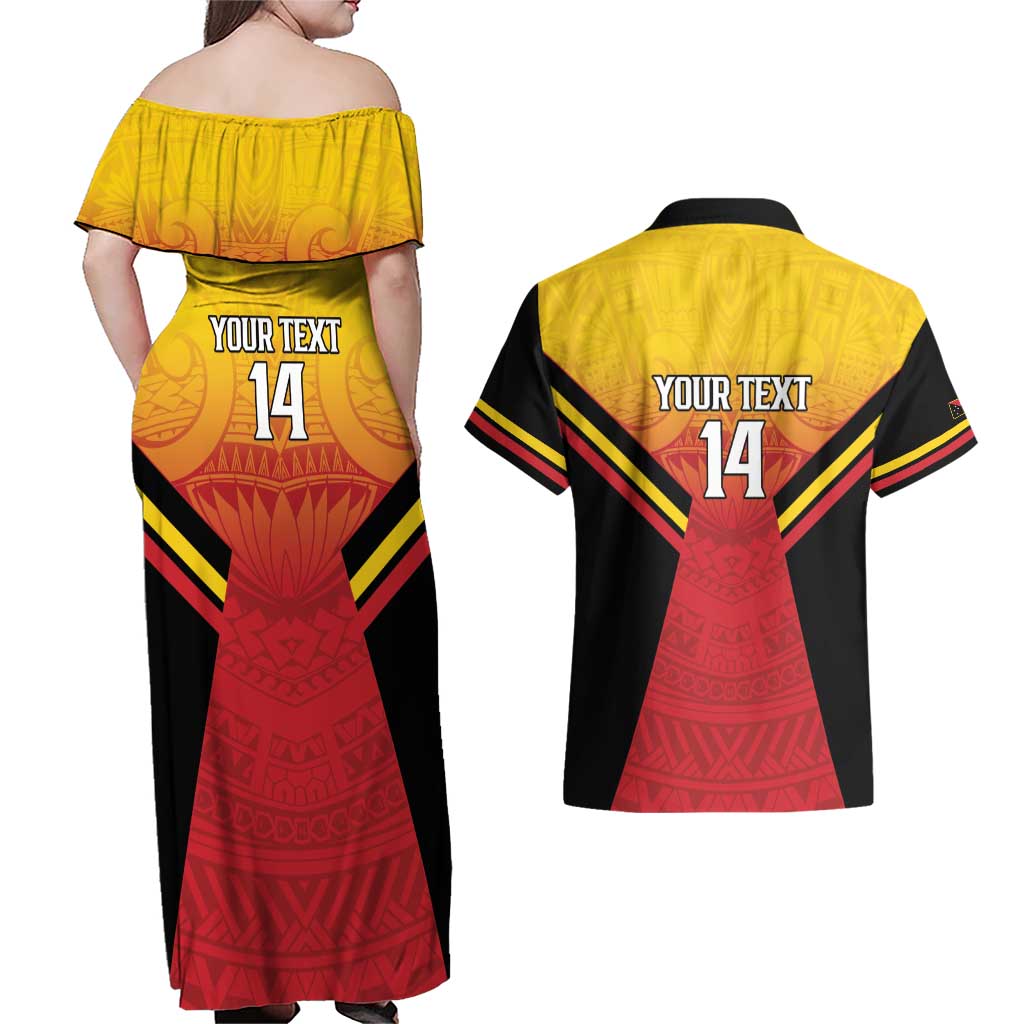 Papua New Guinea Rugby Custom Couples Matching Off Shoulder Maxi Dress and Hawaiian Shirt Go PNG Hunters Polynesian Pattern - Aussie Hoodie