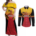 Papua New Guinea Rugby Custom Couples Matching Off Shoulder Maxi Dress and Long Sleeve Button Shirt Go PNG Hunters Polynesian Pattern - Aussie Hoodie