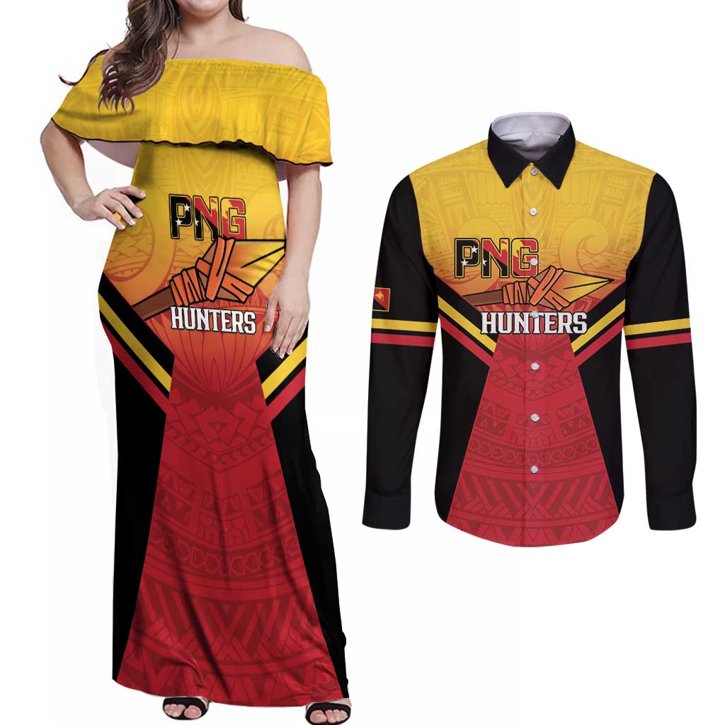 Papua New Guinea Rugby Custom Couples Matching Off Shoulder Maxi Dress and Long Sleeve Button Shirt Go PNG Hunters Polynesian Pattern - Aussie Hoodie