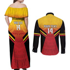 Papua New Guinea Rugby Custom Couples Matching Off Shoulder Maxi Dress and Long Sleeve Button Shirt Go PNG Hunters Polynesian Pattern - Aussie Hoodie