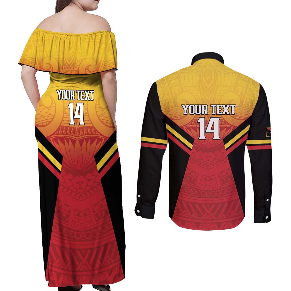 Papua New Guinea Rugby Custom Couples Matching Off Shoulder Maxi Dress and Long Sleeve Button Shirt Go PNG Hunters Polynesian Pattern - Aussie Hoodie